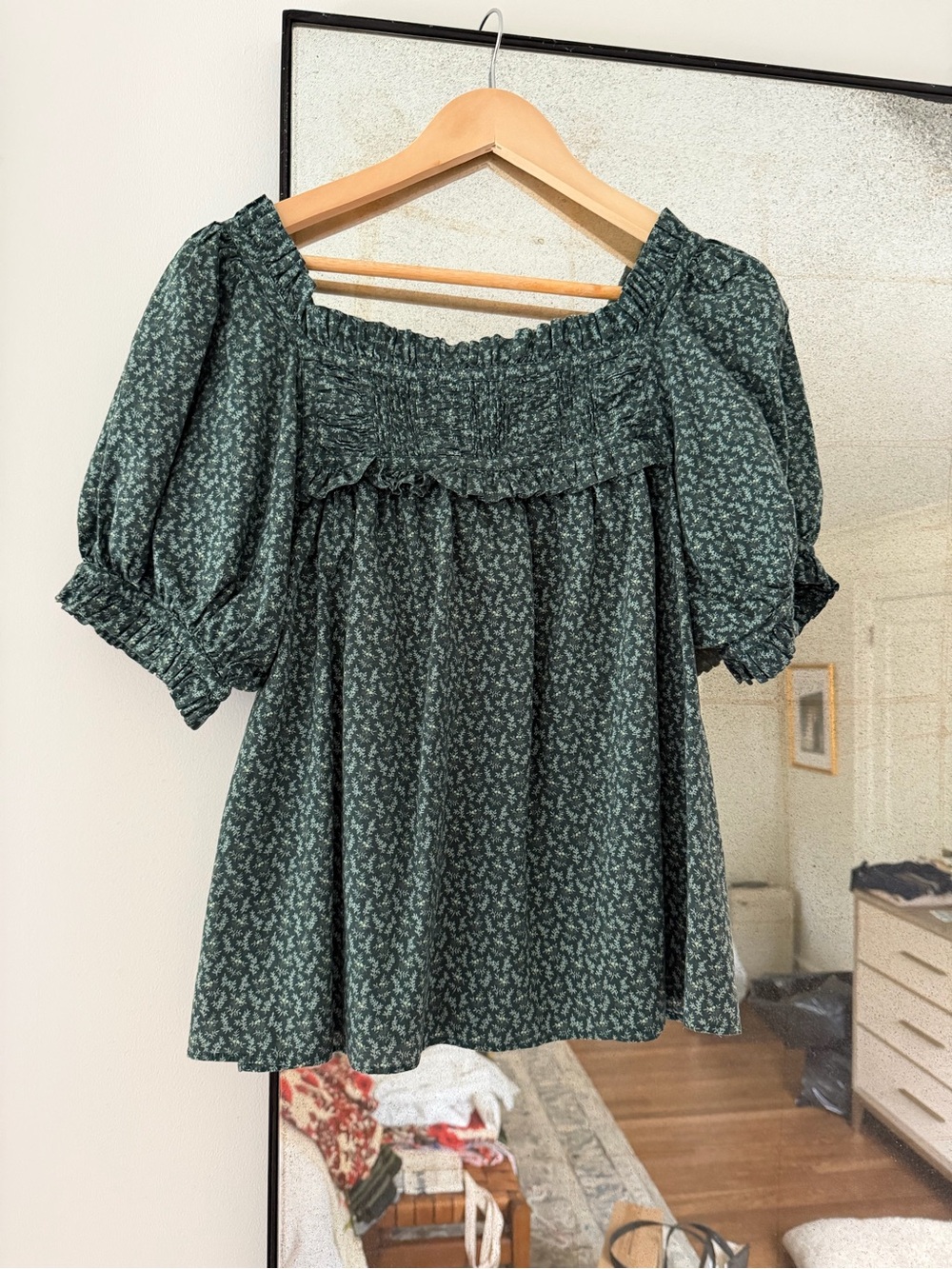 Doen Forest Green Floral Smocked-Neck Blouse
